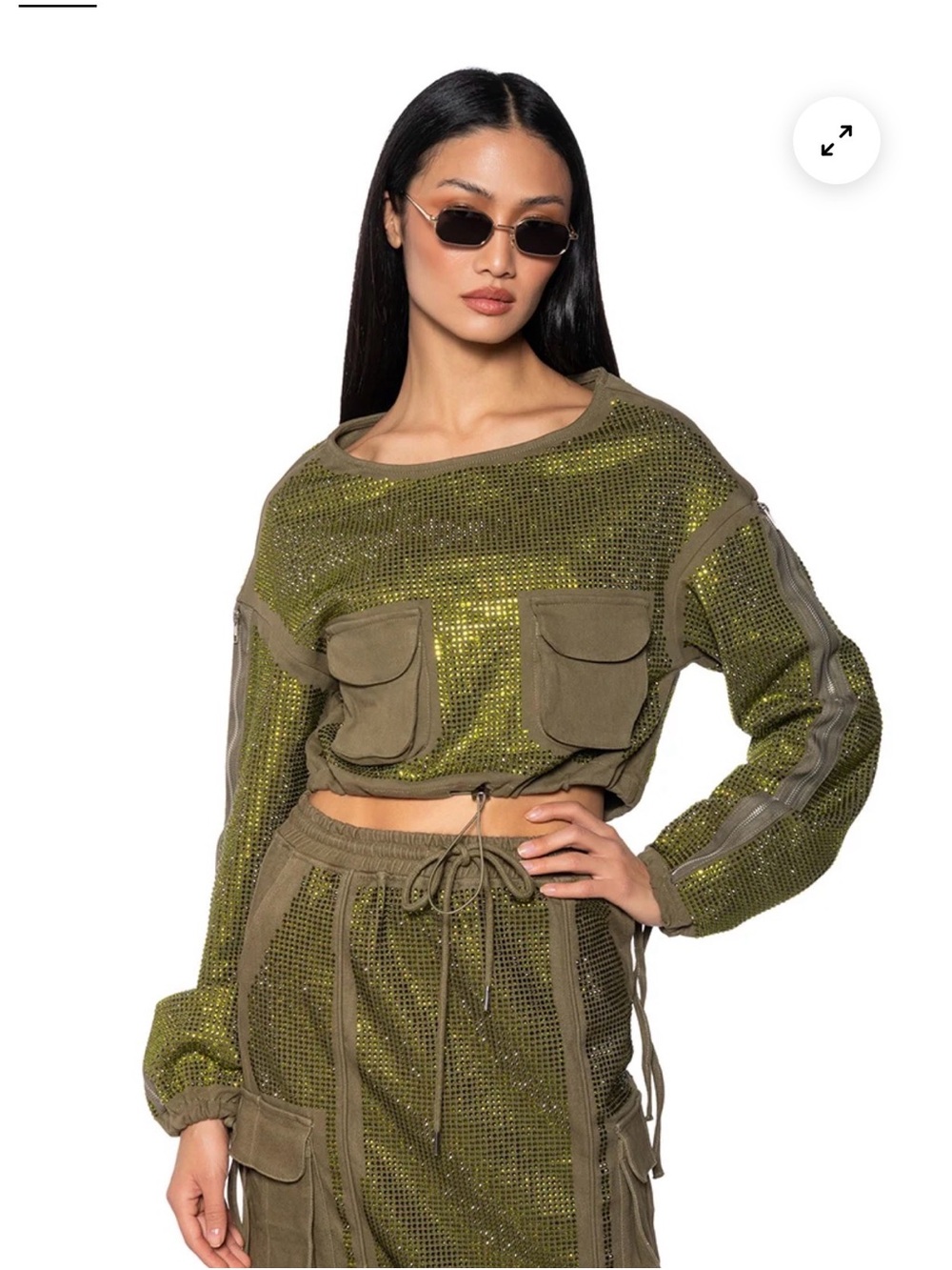AKIRA Olive Green Sequin Mesh Crop Top